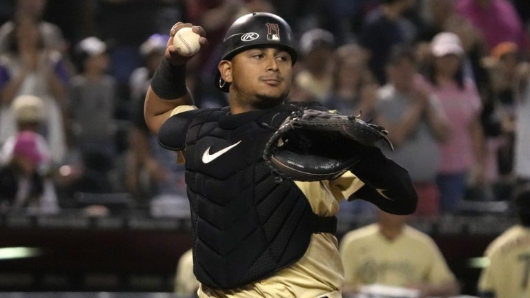 Arizona Diamondbacks catcher Gabriel Moreno (14) in the first inning during a baseball game against the Washington Nationals, Friday, May 5, 2023, in Phoenix. (Rick Scuteri/AP)