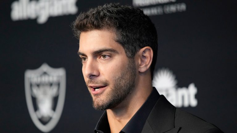 Las Vegas Raiders quarterback Jimmy Garoppolo takes questions at a news conference Friday, March 17, 2023, in Henderson, Nev. (John Locher/AP)