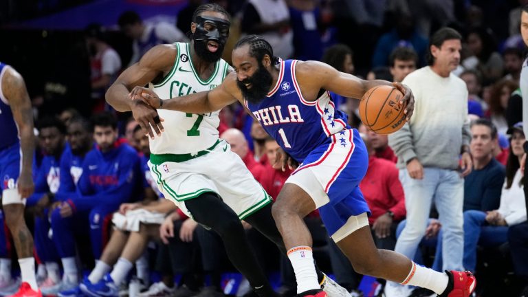 Philadelphia 76ers' James Harden (1) tries to get past Boston Celtics' Jaylen Brown (7) during the second half of Game 4 in an NBA basketball Eastern Conference semifinals playoff series, Sunday, May 7, 2023, in Philadelphia. (Matt Slocum/AP)