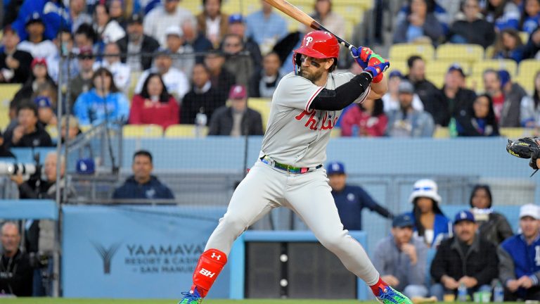 Philadelphia Phillies' Bryce Harper bats during the first inning of a baseball game against the Los Angeles Dodgers Tuesday, May 2, 2023, in Los Angeles. (Mark J. Terrill/AP)