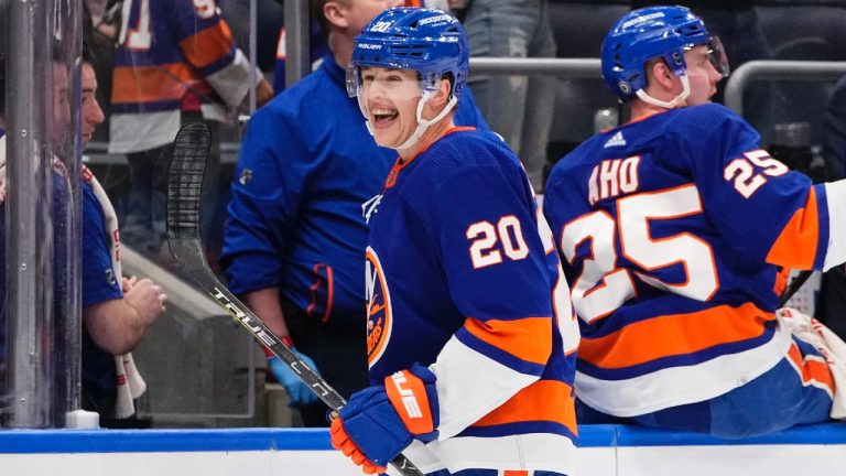 New York Islanders' Hudson Fasching (20) smiles after a goal against the Montreal Canadiens during the first period of an NHL hockey game Wednesday, April 12, 2023, in Elmont, N.Y. (Frank Franklin II/AP)