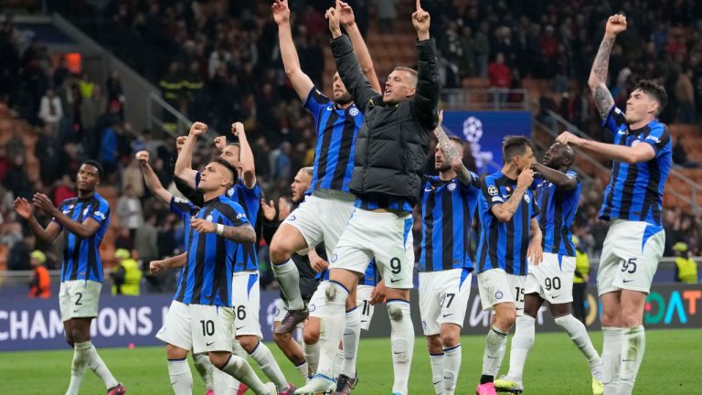 Inter Milan's Edin Dzeko, center, celebrates with team mates after the Champions League semifinal first leg soccer match between AC Milan and Inter Milan at the San Siro stadium in Milan, Italy, Wednesday, May 10, 2023. (Luca Bruno/AP)