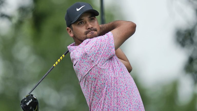 Jason Day, of Australia, hits a tee shot on the second hole during the final round of the Byron Nelson golf tournament in McKinney, Texas, Sunday, May 14, 2023. (LM Otero/AP)