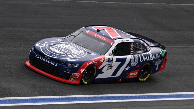 Justin Allgaier (7) steers through Turn 1 during a NASCAR Xfinity qualifying session at Charlotte Motor Speedway on Friday, May 26, 2023, in Concord, N.C. (Matt Kelley/AP)