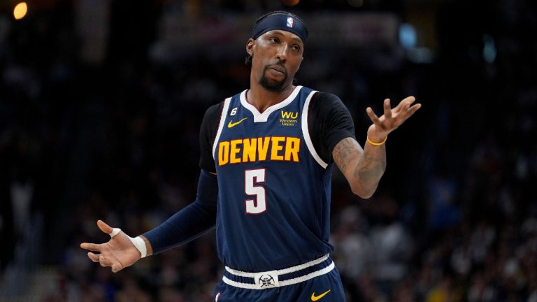 Denver Nuggets guard Kentavious Caldwell-Pope (5) looks towards his bench during the first half of Game 2 of the NBA basketball Western Conference Finals series against the Los Angeles Lakers, Thursday, May 18, 2023, in Denver. (Jack Dempsey/AP)