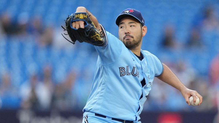 Toronto Blue Jays starting pitcher Yusei Kikuchi (16) throws during first inning Interleague MLB baseball action against the Milwaukee Brewers in Toronto on Tuesday, May 30, 2023. (Nathan Denette/THE CANADIAN PRESS)