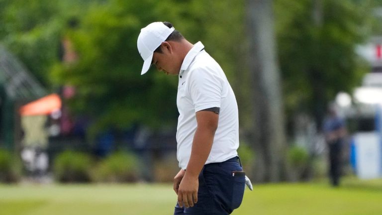 Tom Kim, of South Korea, reacts on the 8th green during the second round of the PGA Zurich Classic golf tournament at TPC Louisiana in Avondale, La., Friday, April 21, 2023. (Gerald Herbert/AP Photo)