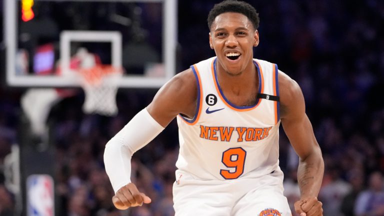 New York Knicks guard RJ Barrett reacts in the second half of Game 2 in the NBA basketball Eastern Conference semifinals playoff series against the Miami Heat, Tuesday, May 2, 2023, at Madison Square Garden in New York. The Knicks won 111-105. (Mary Altaffer/AP)