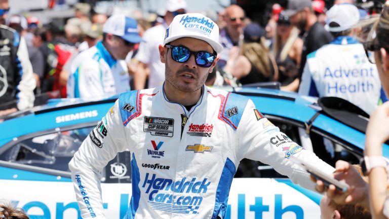 Kyle Larson stands on pit road as he waits for a NASCAR Cup Series auto race at Kansas Speedway in Kansas City, Kan., Sunday, May 7, 2023. (Colin E. Braley/AP)