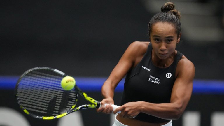 Canada's Leylah Fernandez returns to Belgium's Yanina Wickmayer during a Billie Jean King Cup qualifiers singles match, in Vancouver, on Friday, April 14, 2023. F&nbsp;ernandez and American partner Taylor Townsend advanced to the women's doubles semifinals at the Madrid Open with a 6-0, 7-6 (3) win over Taiwan's Hsieh Su-Wei and Czechia's Barbora Srtycova on Wednesday. (Darryl Dyck/CP)