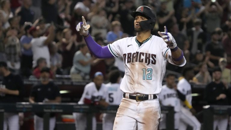 Arizona Diamondbacks' Lourdes Gurriel Jr. reacts after hitting a solo home run against the Washington Nationals in the ninth inning during a baseball game, Saturday, May 6, 2023, in Phoenix. (Rick Scuteri/AP)