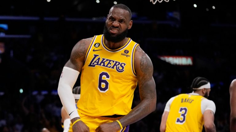 Los Angeles Lakers forward LeBron James (6) reacts after scoring during the second half in Game 6 of an NBA basketball Western Conference semifinal series against the Golden State Warriors Friday, May 12, 2023, in Los Angeles. (Ashley Landis/AP)