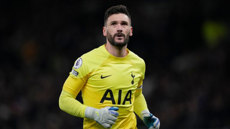 Tottenham goalkeeper Hugo Lloris watches the play during an English Premier League soccer match between Tottenham Hotspur and Manchester City at the Tottenham Hotspur Stadium in London, Sunday, Feb. 5, 2023. (Kin Cheung/AP)