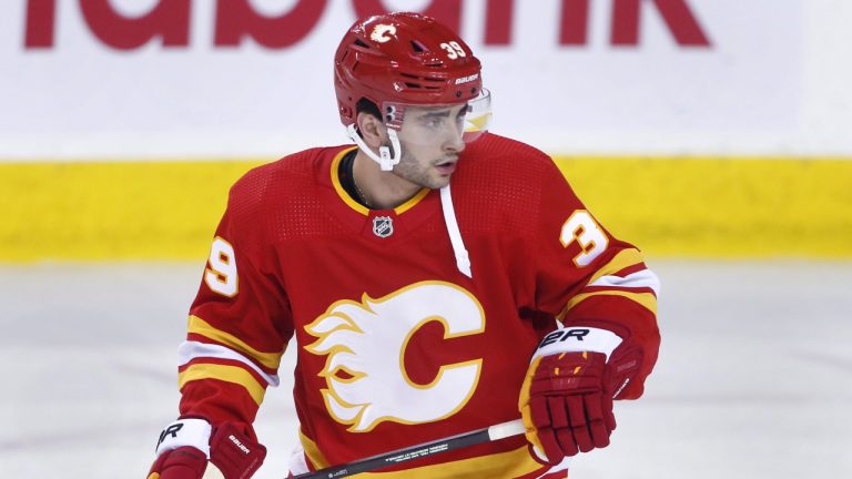 NHL profile photo on Calgary Flames player Matt Coronato at a game against the San Jose Sharks in Calgary, Alta., on April 12, 2023. (Larry MacDougal/CP)