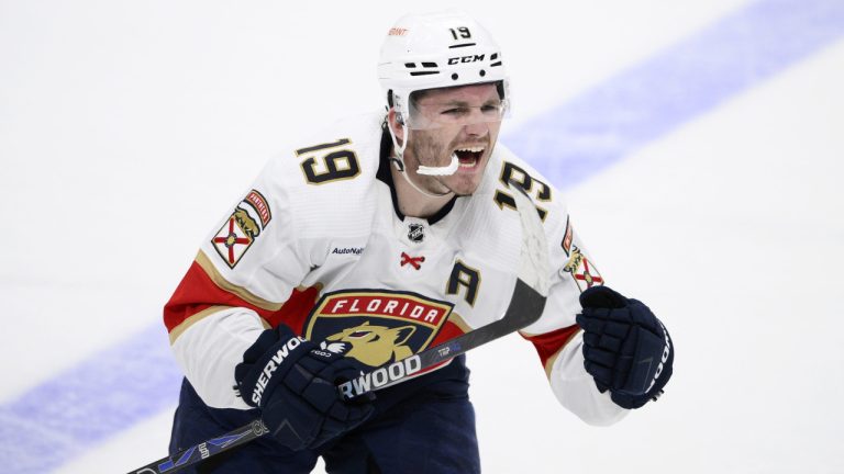 Florida Panthers left wing Matthew Tkachuk (19) continues to celebrates his goal as he skates toward the bench during the third period of an NHL hockey game against the Washington Capitals, Saturday, April 8, 2023, in Washington. (Nick Wass/AP)