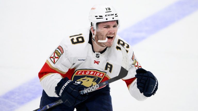 Florida Panthers left wing Matthew Tkachuk (19) continues to celebrates his goal as he skates toward the bench during the third period of an NHL hockey game against the Washington Capitals, Saturday, April 8, 2023, in Washington. (Nick Wass/AP)