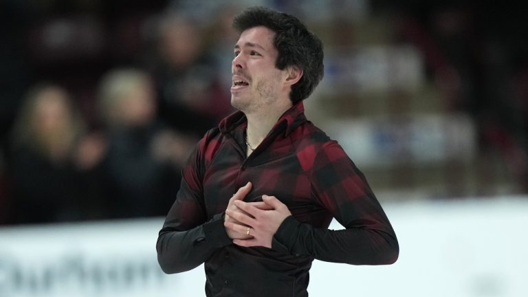 Keegan Messing reacts after winning gold in the men's free program at the Canadian Figure Skating Championships in Oshawa, Ont., on Saturday, January 14, 2023. (Nathan Denette/CP)