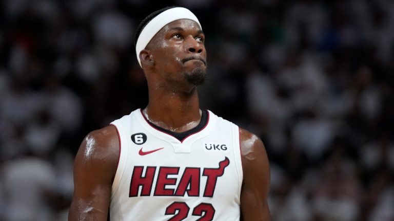 Miami Heat forward Jimmy Butler (22) looks up during the first half of Game 4 during the NBA basketball playoffs Eastern Conference finals against the Boston Celtics, Tuesday, May 23, 2023, in Miami. (Wilfredo Lee/AP)