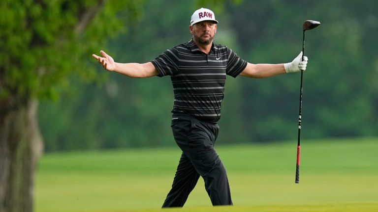 Michael Block reacts to his shot on the 17th hole during the third round of the PGA Championship golf tournament at Oak Hill Country Club on Saturday, May 20, 2023, in Pittsford, N.Y. (Abbie Parr/AP)