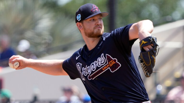 Atlanta Braves' Mike Soroka pitches against the Detroit Tigers in the first inning of a spring training baseball game, Wednesday, March 22, 2023, in Lakeland, Fla. (John Raoux/AP)