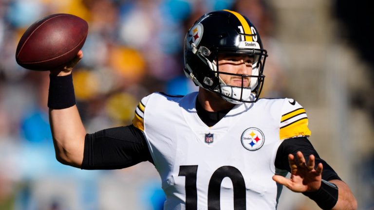 Pittsburgh Steelers quarterback Mitch Trubisky passes during the first half of an NFL football game between the Carolina Panthers and the Pittsburgh Steelers on Sunday, Dec. 18, 2022, in Charlotte, N.C. (Jacob Kupferman/AP)