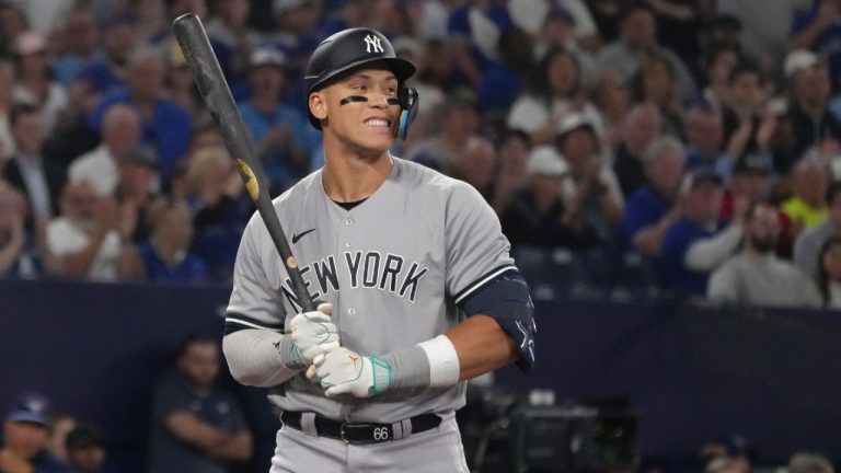 New York Yankees' Aaron Judge reacts after striking out against Toronto Blue Jays starting pitcher Kevin Gausman during fifth inning American League MLB baseball action in Toronto on Tuesday, May 16 2023. (Chris Young/CP)