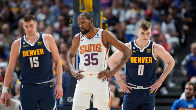 Phoenix Suns forward Kevin Durant in the first half of Game 2 of an NBA second-round playoff series Monday, May 1, 2023, in Denver. (David Zalubowski/AP Photo)