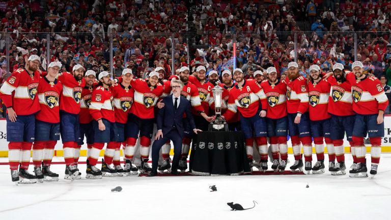 The Florida Panthers pose with the Prince of Wales trophy after winning Game 4 of the NHL hockey Stanley Cup Eastern Conference finals against the Carolina Hurricanes, Wednesday, May 24, 2023, in Sunrise, Fla. (Wilfredo Lee/AP)