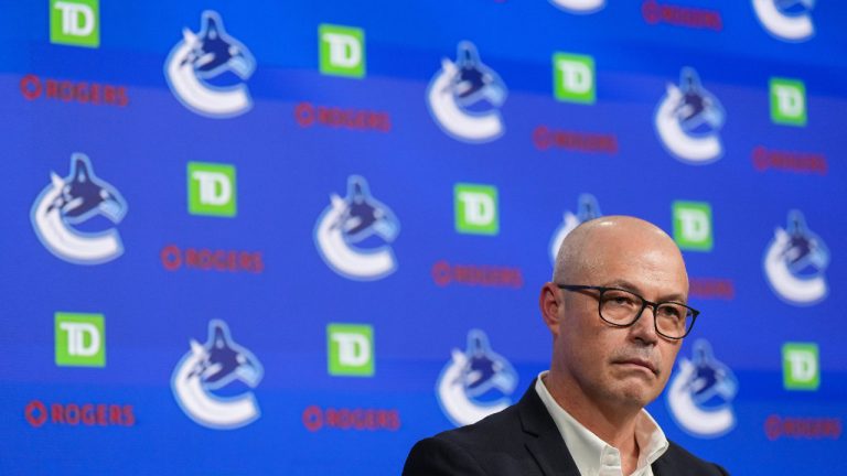 Vancouver Canucks general manager Patrik Allvin listens during the NHL hockey team's end of season news conference, in Vancouver, on Monday, April 17, 2023. (Darryl Dyck/CP)