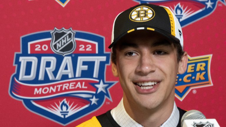 Boston Bruins 54th pick Matthew Poitras speaks to the media during the second round of the 2022 NHL Draft on Friday, July 8, 2022 in Montreal. (Ryan Remiorz/CP)