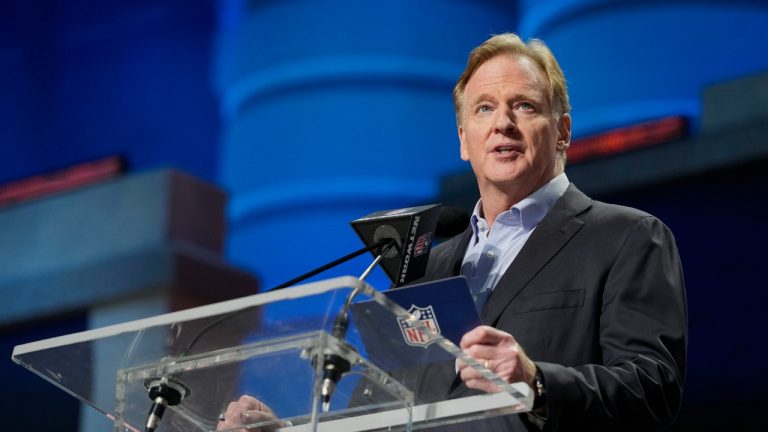 NFL Commissioner Roger Goodell announces a pick at the 2023 NFL Draft, Thursday, April 27, 2023, in Kansas City, Mo. (Steve Luciano/AP)