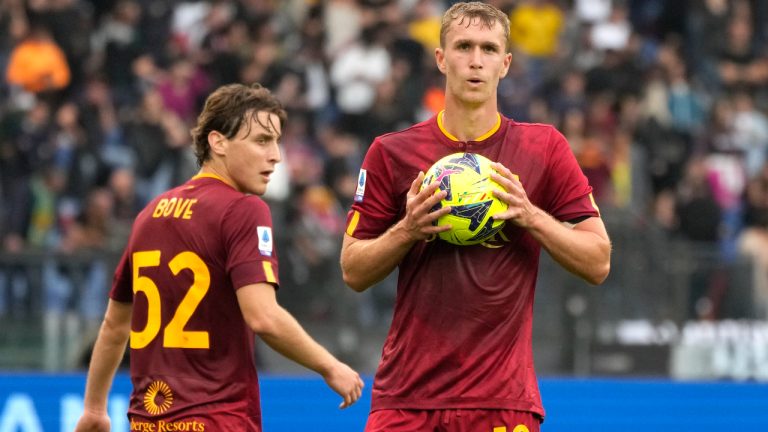 Roma's Edoardo Bove, left, and Roma's Ola Solbakken during a Serie A soccer match between Roma and Salernitana, at Rome's Olympic stadium, Italy, Monday, May 22, 2023. (Alessandra Tarantino/AP)