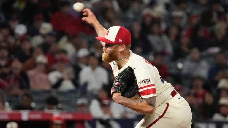 Los Angeles Angels relief pitcher Sam Bachman throws to the plate during the eighth inning of a baseball game against the Miami Marlins Friday, May 26, 2023, in Anaheim, Calif. (Mark J. Terrill/AP)