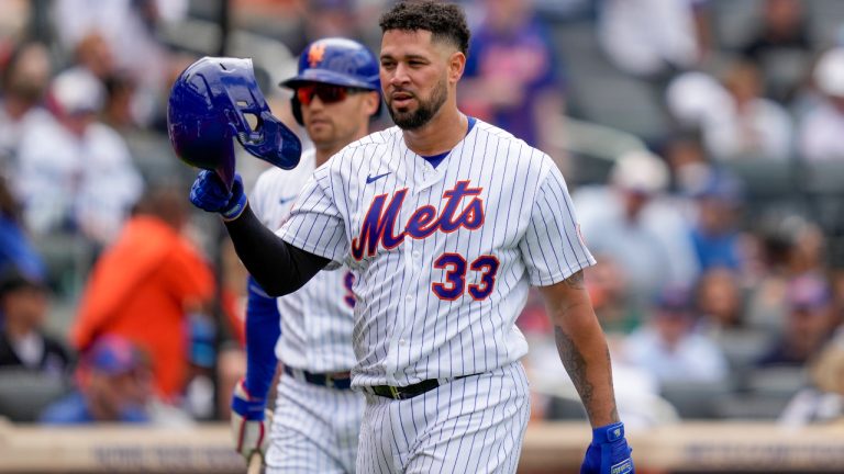 New York Mets' Gary Sanchez reacts after being tagged out at home by Cleveland Guardians catcher Mike Zunino in the fourth inning of a baseball game, Sunday, May 21, 2023, in New York. (John Minchillo/AP)