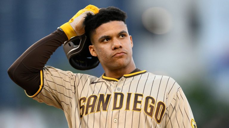 San Diego Padres' Juan Soto stands at first base during the ninth inning of the team's baseball game against the Washington Nationals, Thursday, May 25, 2023, in Washington. The Padres won 8-6. (Nick Wass/AP Photo)