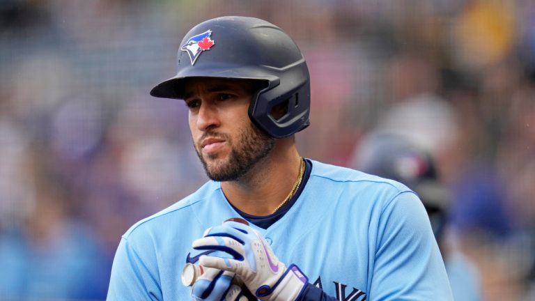 Toronto Blue Jays George Springer warms up on deck during a baseball game against the Pittsburgh Pirates in Pittsburgh, Sunday, May 7, 2023. (Gene J. Puskar/AP)