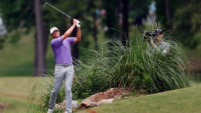 Steve Stricker hits an approach shot after a ruling on the 18th hole during the first round of a Champions Tour golf tournament, Thursday, May 11, 2023, in Hoover, Ala. (Butch Dill/AP)