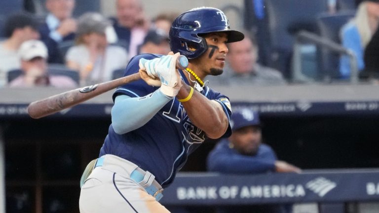 Tampa Bay Rays' Wander Franco watches his single against the New York Yankees during the third inning of a baseball game Thursday, May 11, 2023, in New York. (Mary Altaffer/AP)