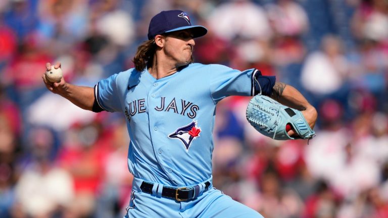 Toronto Blue Jays' Kevin Gausman pitches during the first inning of a baseball game against the Philadelphia Phillies, Wednesday, May 10, 2023, in Philadelphia. (Matt Slocum/AP)