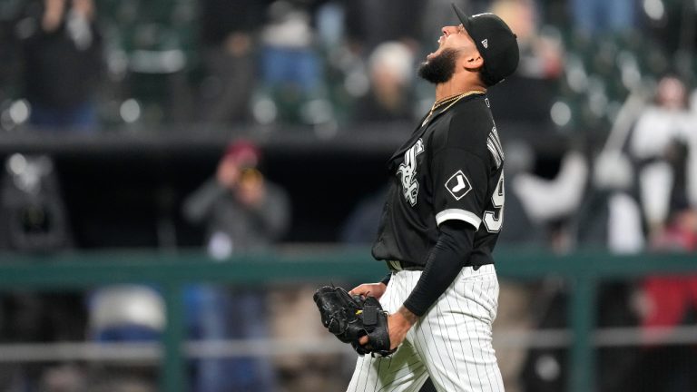 Chicago White Sox relief pitcher Keynan Middleton reacts after striking out Minnesota Twins' Carlos Correa to end a baseball game on Wednesday, May 3, 2023, in Chicago. The White Sox won 6-4. (Charles Rex Arbogast/AP)