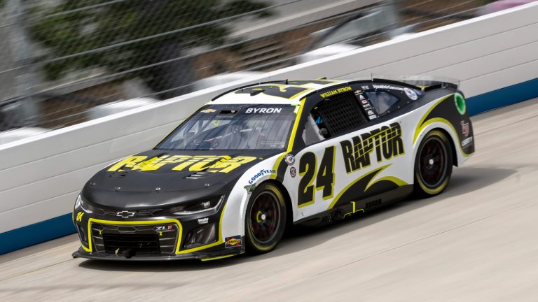 William Byron (24) races down the back stretch during the NASCAR 400 auto race at Dover Motor Speedway Monday, May 1, 2023, in Dover, Del. (Jason Minto/AP)