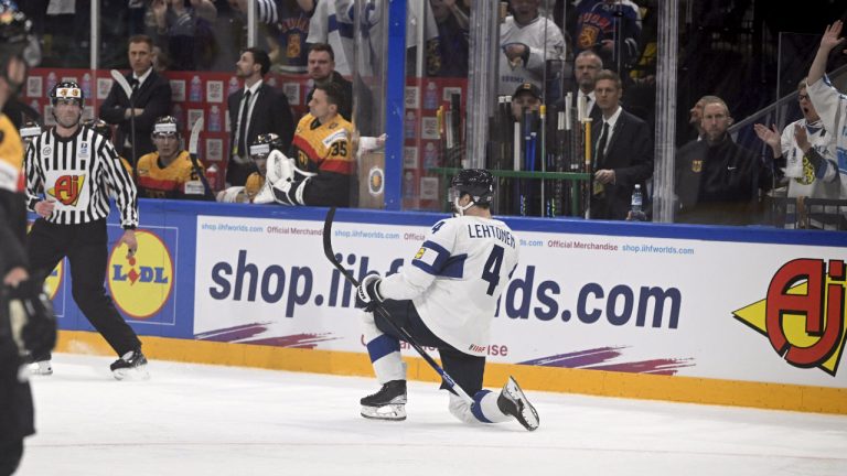 Mikko Lehtonen celebrates his 3-4 goal during the 2023 IIHF Ice Hockey World Championships preliminary round group A match between Germany and Finland in Tampere on May 13, 2023. (LEHTIKUVA / ANTTI AIMO-KOIVISTO)