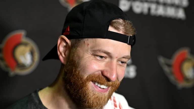 Ottawa Senators' Claude Giroux speaks to reporters during the team's training camp in Ottawa, on Thursday, Sept. 22, 2022. Giroux has been offered a sponsor's exemption to play in the Commissionaires Ottawa Open, a PGA Tour Canada event. He will also be the tournament's honorary chair. THE CANADIAN PRESS/Justin Tang