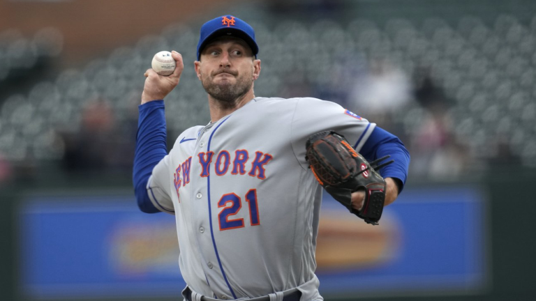 New York Mets pitcher Max Scherzer throws against the Detroit Tigers in the first inning during the second baseball game of a doubleheader, Wednesday, May 3, 2023, in Detroit. (AP Photo/Paul Sancya)