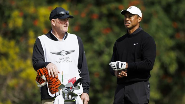 iger Woods talks with caddie Joe LaCava on the fourth tee during the second round of the Genesis Invitational golf tournament at Riviera Country Club, Friday, Feb. 17, 2023, in the Pacific Palisades area of Los Angeles. (Ryan Kang/AP)