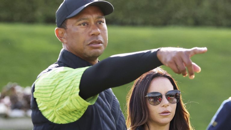 Tiger Woods and now former girlfriend Erica Herman on the 18th green during the JP McManus Pro-Am at Adare Manor, Limerick, Ireland, Monday, July, 4, 2022. (Peter Morrison/AP)