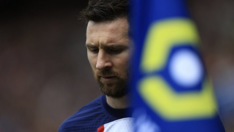 PSG's Lionel Messi reacts during the French League One soccer match between Paris Saint-Germain and Lorient, at the Parc des Princes stadium in Paris, Sunday, April 30, 2023. (Aurelien Morissard/AP)