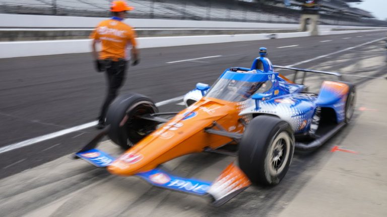 Scott Dixon, of New Zealand, drives out of the pit area during practice for the Indianapolis 500 auto race at Indianapolis Motor Speedway in Indianapolis, Friday, May 19, 2023. (Michael Conroy/AP)