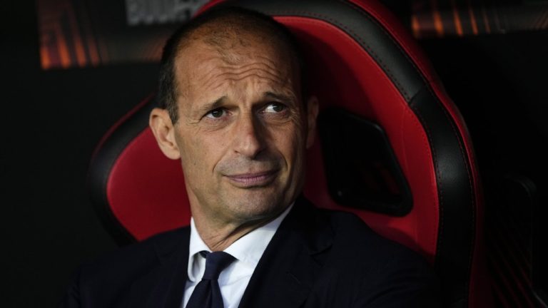 Juventus' head coach Massimiliano Allegri attends the start of the Europa League semifinal second leg soccer match between Sevilla and Juventus, at the Ramon Sanchez Pizjuan stadium in Seville, Spain, Thursday, May 18, 2023. (Jose Breton/AP)