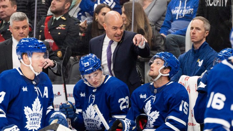 Toronto Maple Leafs assistant coach Spencer Carbery looks on from the bench against the Columbus Blue Jackets during the second period at the Scotiabank Arena on February 11, 2023 in Toronto, Ontario, Canada. (Photo by Kevin Sousa/NHLI via Getty Images)
